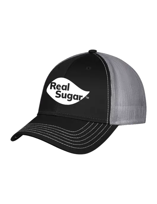 Black/Medium Dark Grey Mesh Trucker Cap Snap Back w/Real Sugar Logo