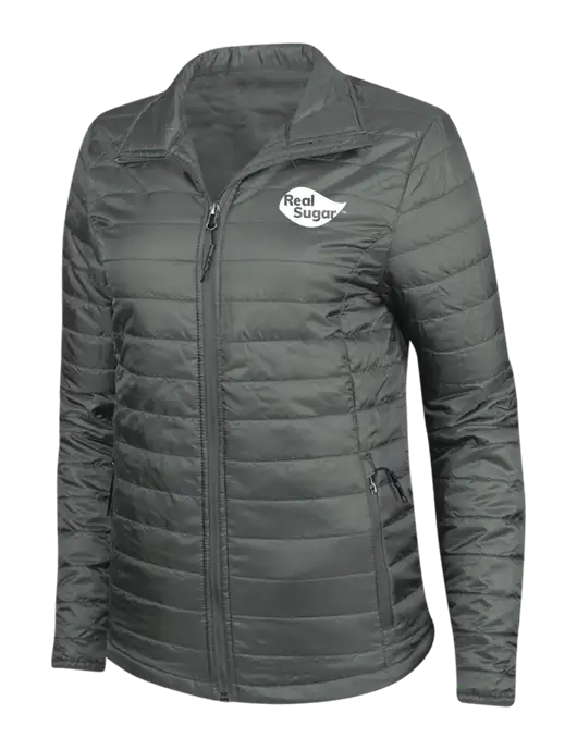 Dark Grey Womens Puffy Packable Jacket w/Real Sugar Logo
