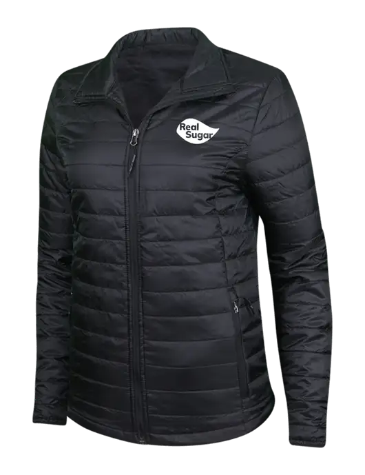Womens Black Puffy Packable Jacket w/Real Sugar Logo
