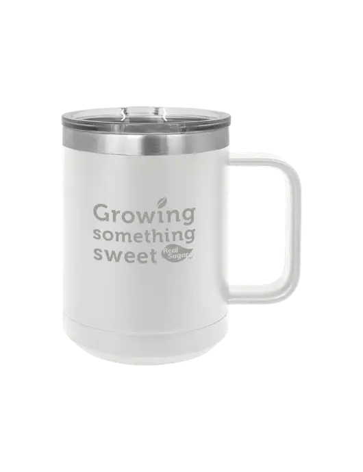 Polar Camel 15 oz Powder Coated White Vacuum Insulated Mug with Slider Lid w/Growing Something Sweet Logo