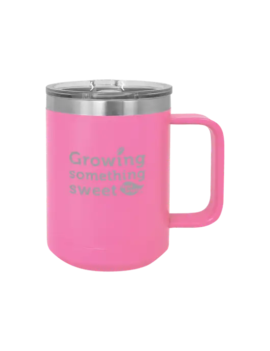 Polar Camel 15 oz Powder Coated Pink Vacuum Insulated Mug with Slider Lid w/Growing Something Sweet Logo