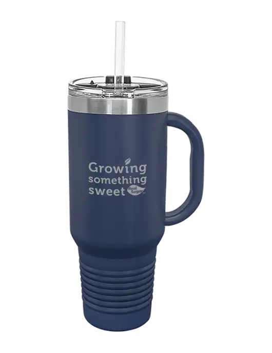 Polar Camel 40 oz. Powder Coated Vacuum Insulated Navy Travel Mug with Straw w/Growing Something Sweet Logo