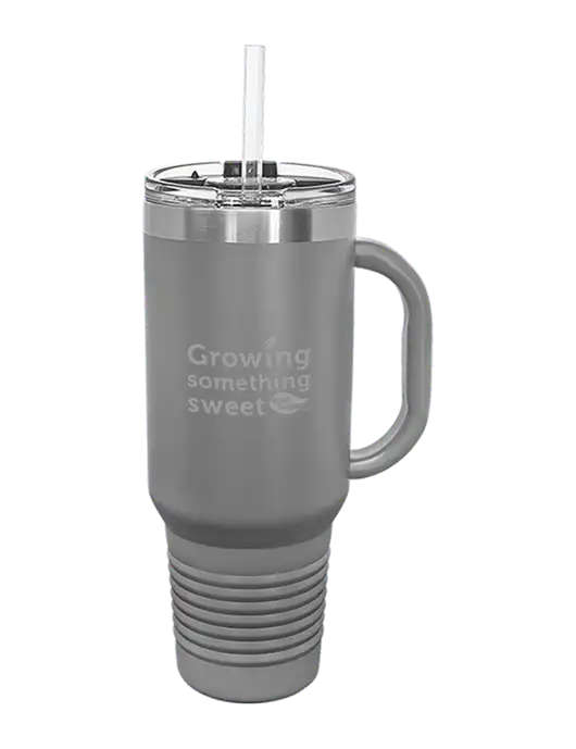 Polar Camel 40 oz. Powder Coated Vacuum Insulated Grey Travel Mug with Straw w/Growing Something Sweet Logo