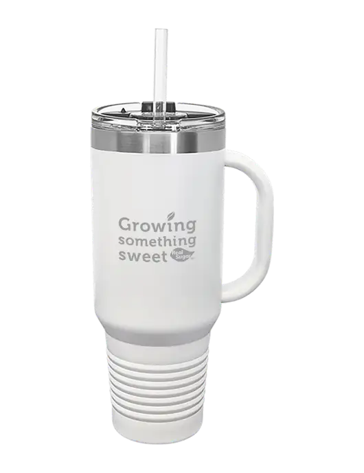 Polar Camel 40 oz. Powder Coated Vacuum Insulated White Travel Mug with Straw w/Growing Something Sweet Logo